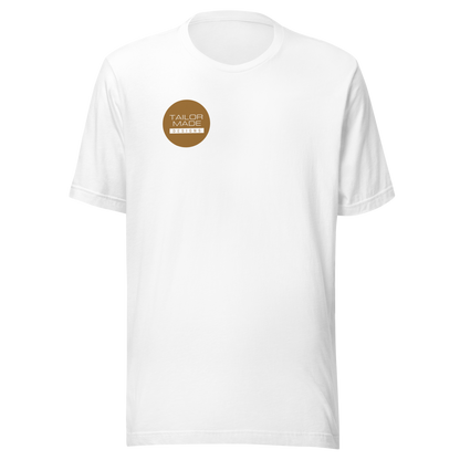 front of white tshirt with circular tailor made designs logo on chest